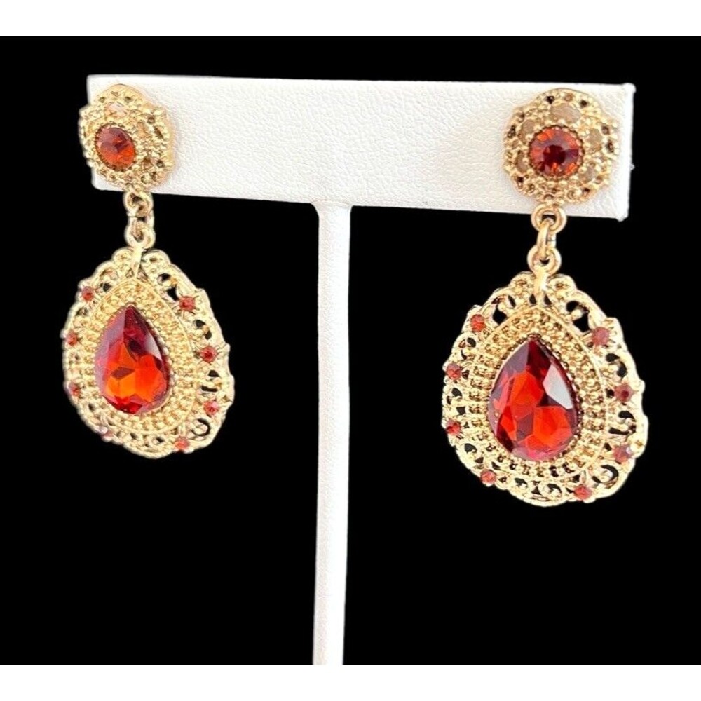 New Statement Earrings Amber Crystal Gold Tone Ornate Dressy Formal - 1X